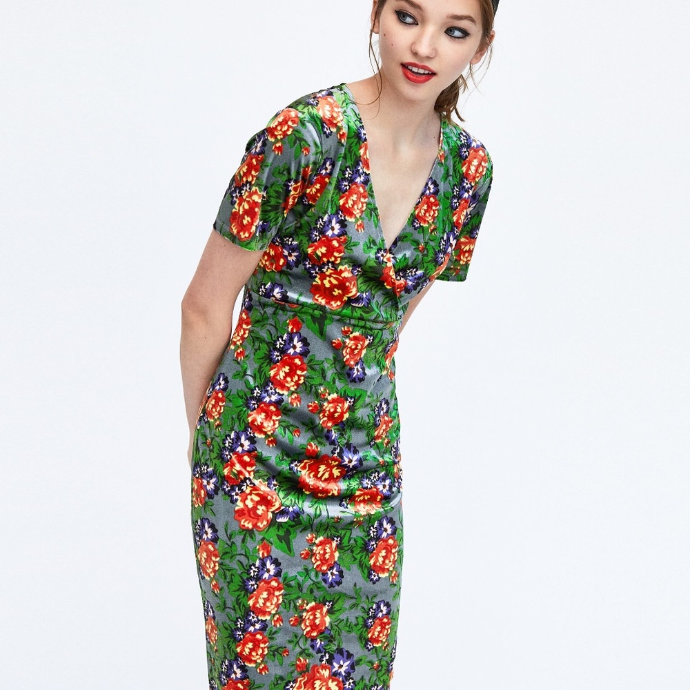 Zara Womens Velvet Floral Midi Dress Gray Size S